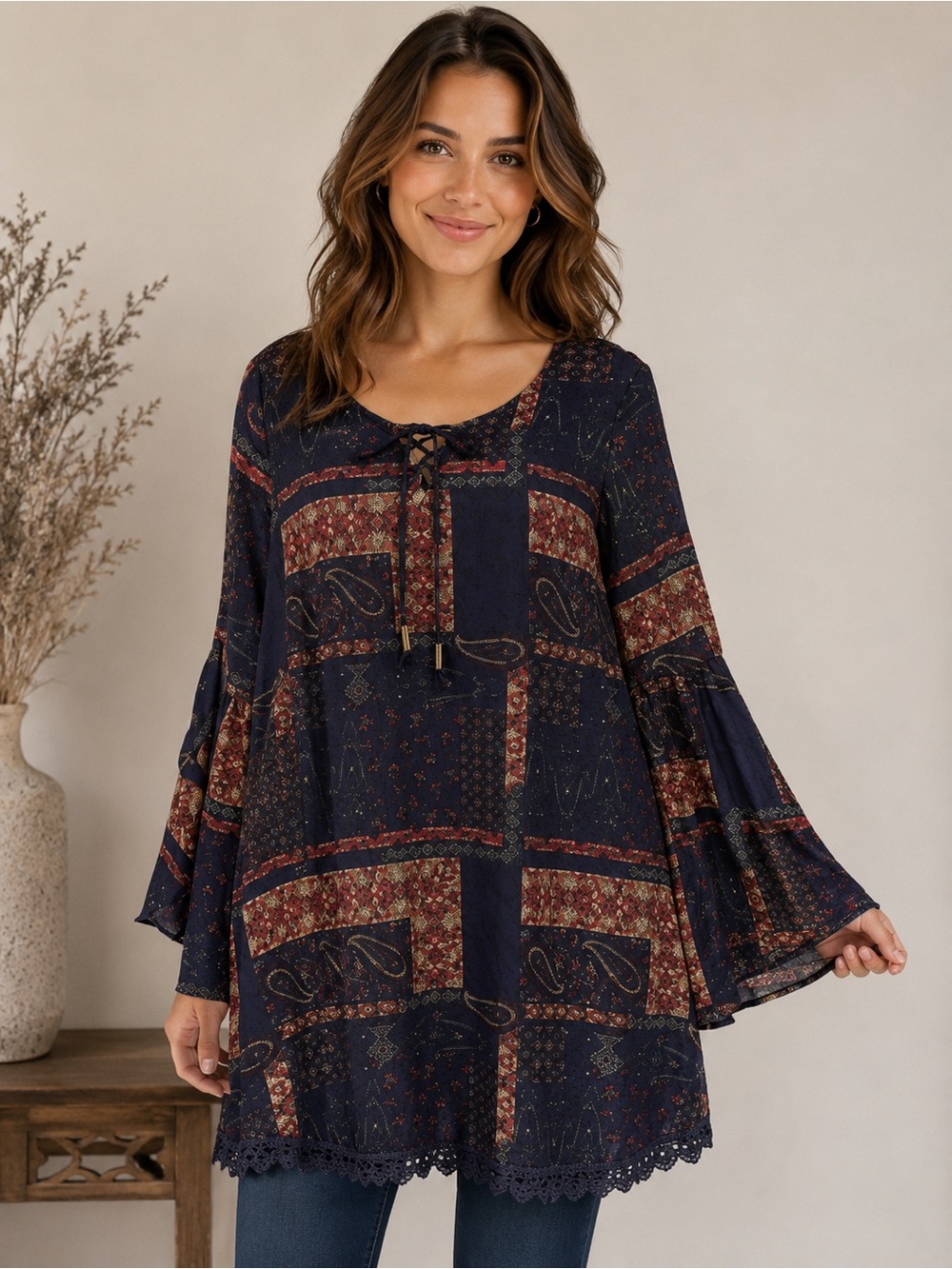 Rue 21 Womans Boho Navy Blue Paisley Tunic Dress Lace Hem Bell Sleeves S